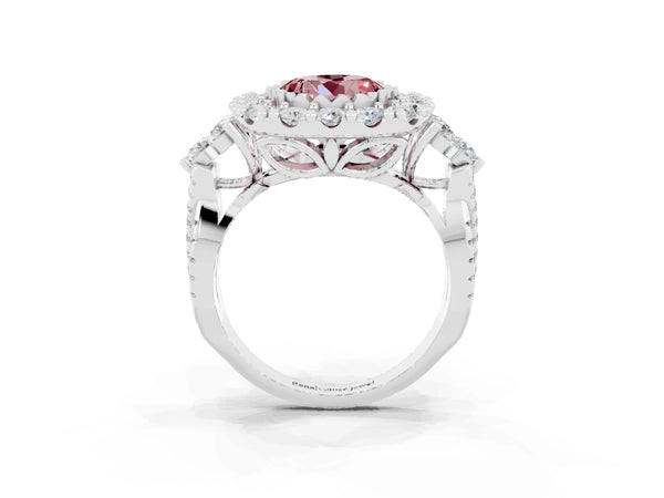 Platinum Round Cut Morganite Halo Ring with Pavé Band and Four-Prong Setting