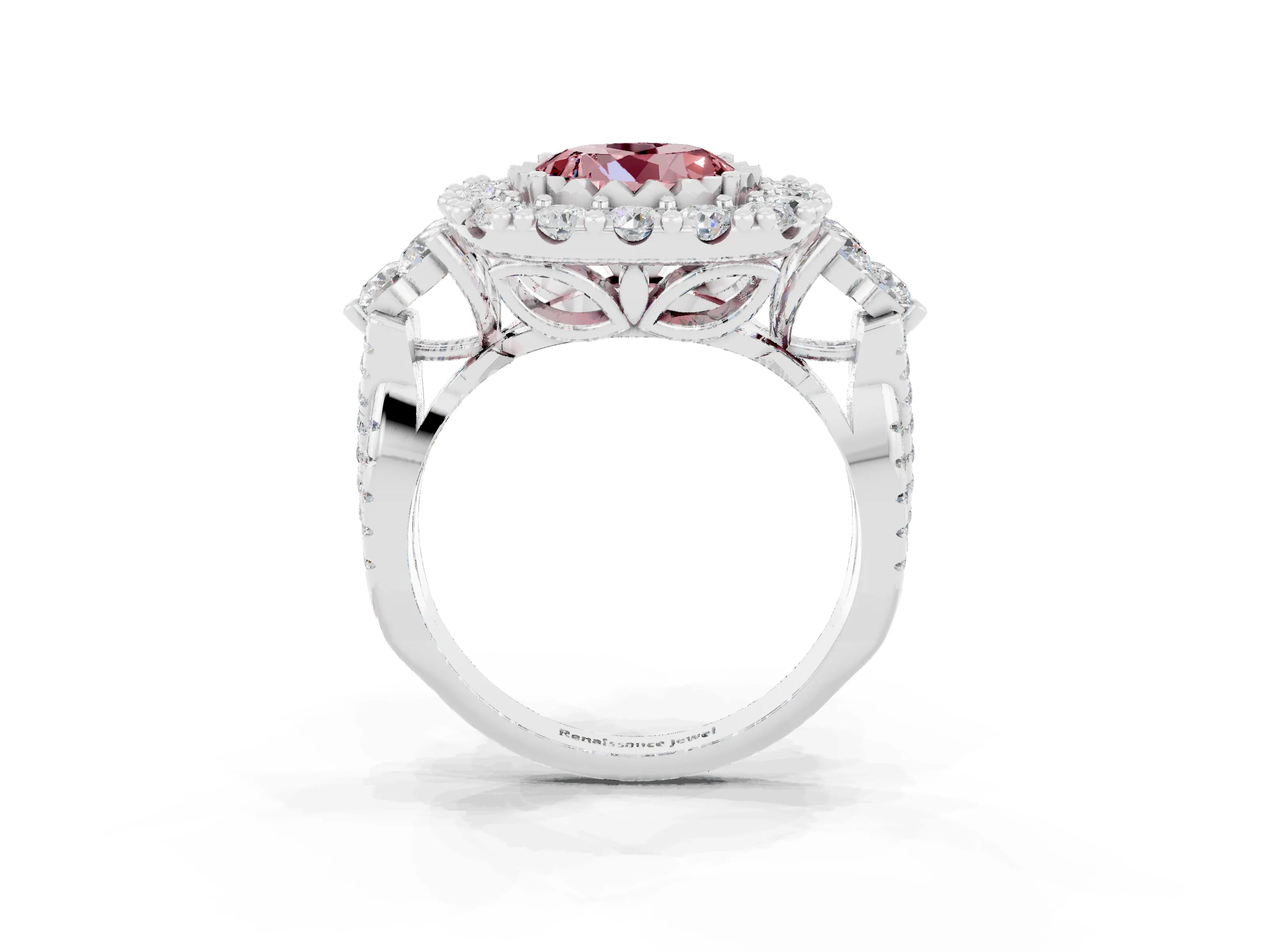 White gold Round Cut Morganite Halo Ring with Pavé Band and Four-Prong Setting_15