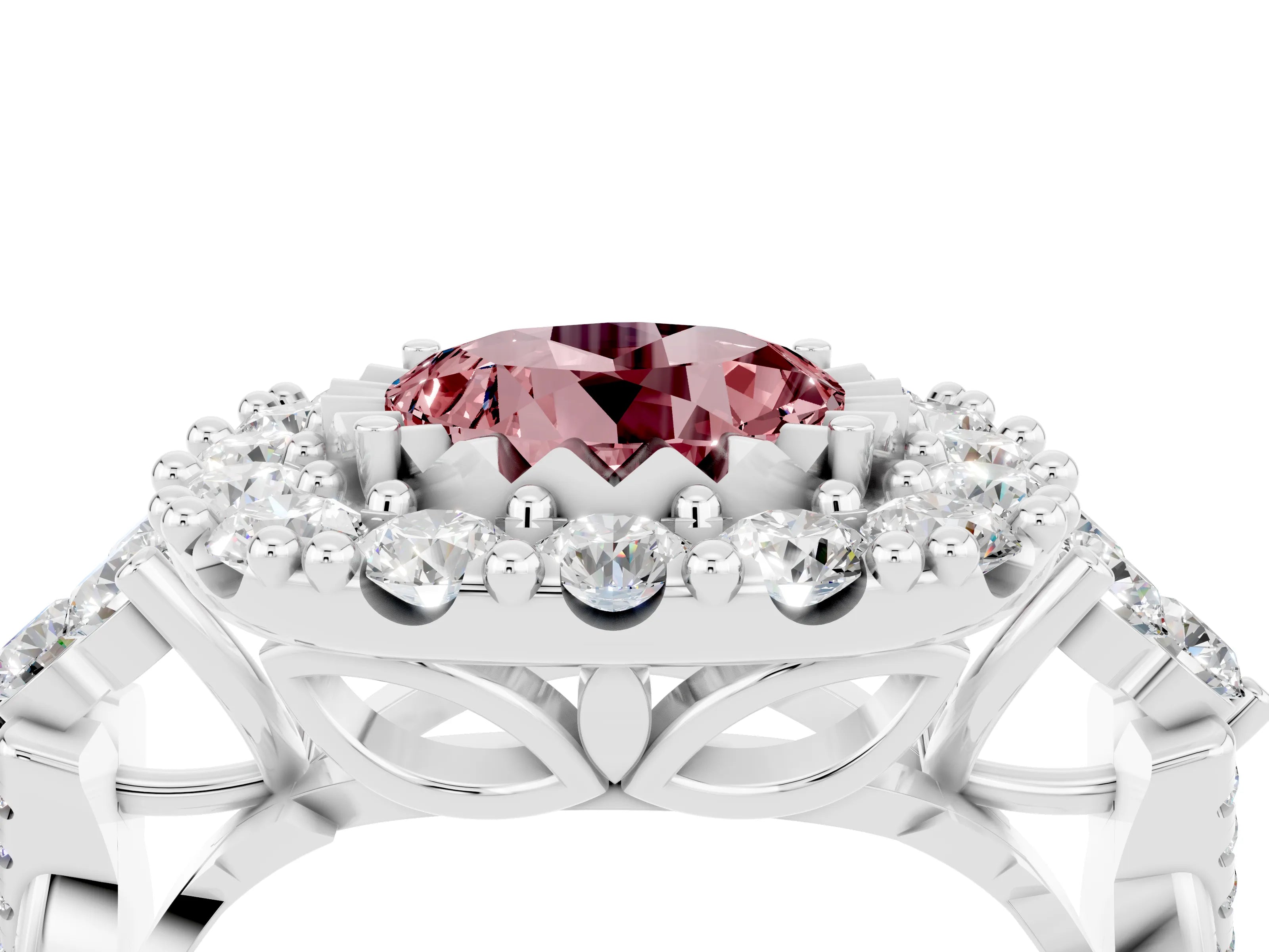 White gold Round Cut Morganite Halo Ring with Pavé Band and Four-Prong Setting_16
