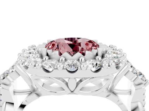White gold Round Cut Morganite Halo Ring with Pavé Band and Four-Prong Setting_16