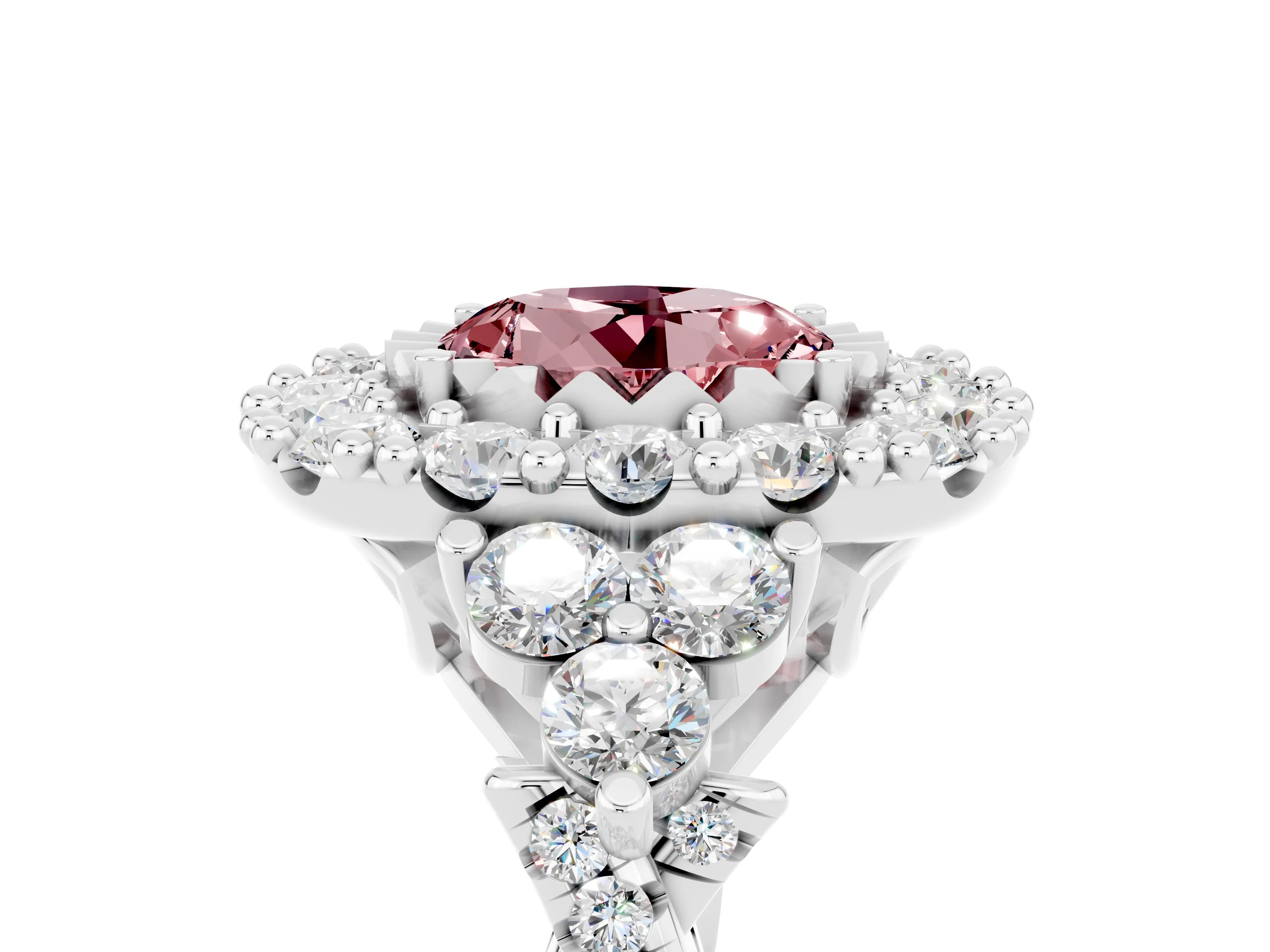 White gold Round Cut Morganite Halo Ring with Pavé Band and Four-Prong Setting_17