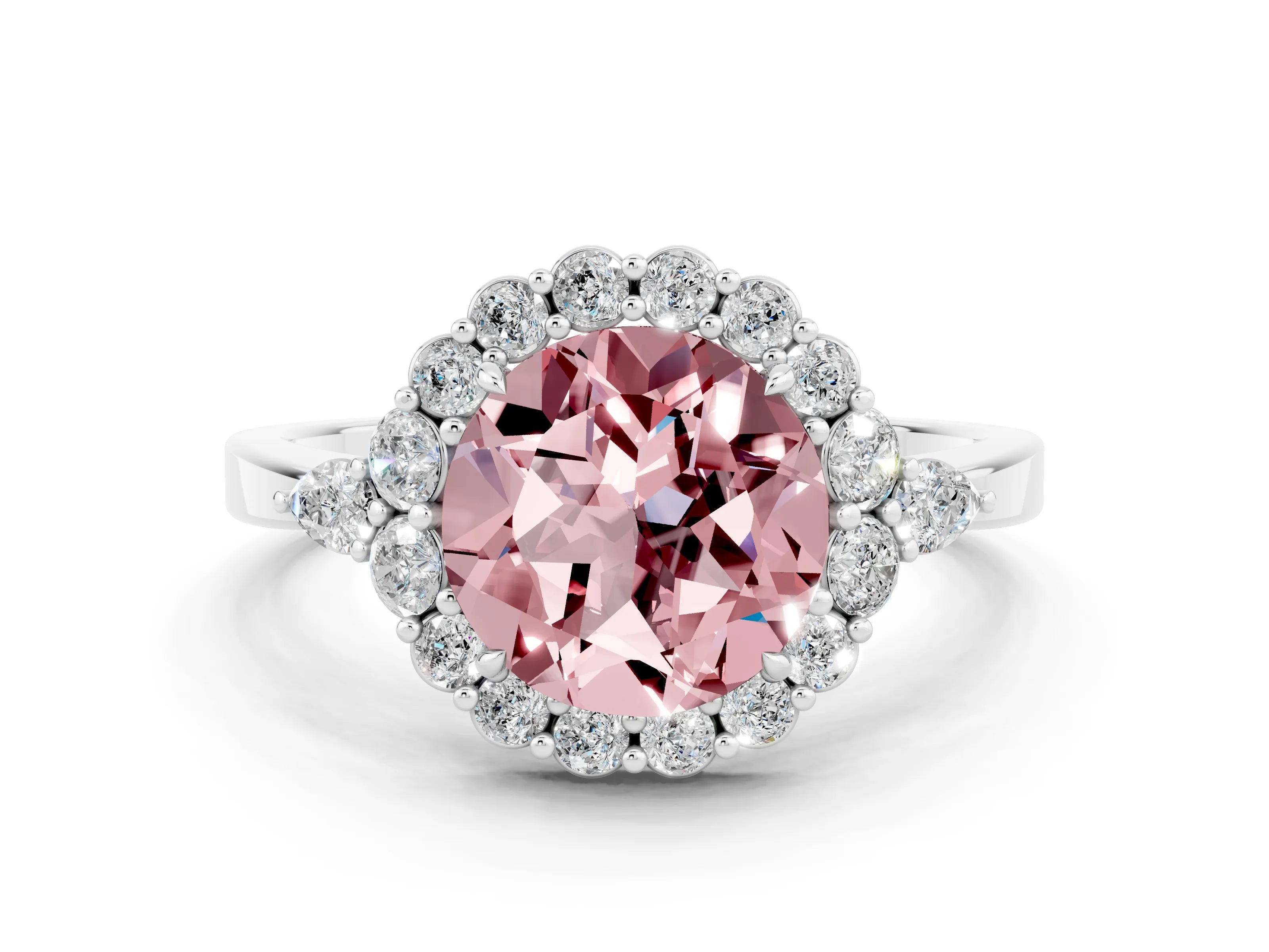 White gold Round Cut Morganite Halo Ring with Pear Side Stones and Prong Setting_24