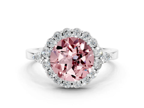 White gold Round Cut Morganite Halo Ring with Pear Side Stones and Prong Setting_24