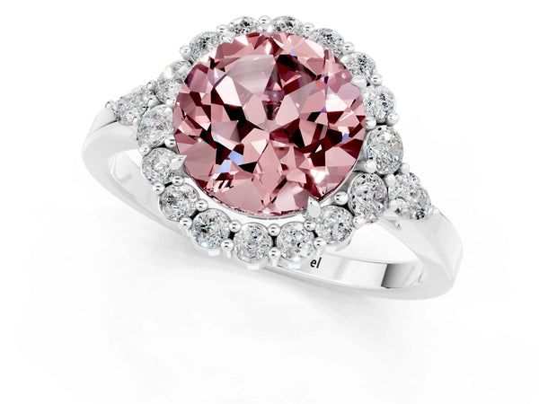 Platinum Round Cut Morganite Halo Ring with Pear Side Stones and Prong Setting