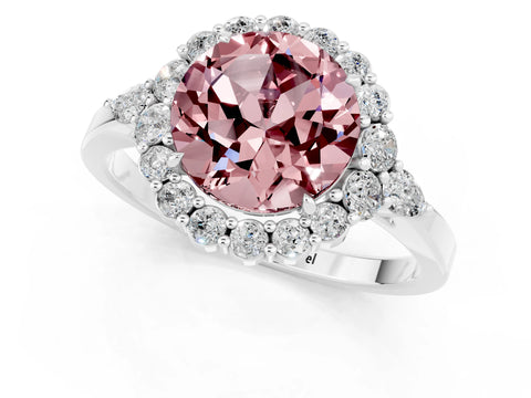 White gold Round Cut Morganite Halo Ring with Pear Side Stones and Prong Setting_25