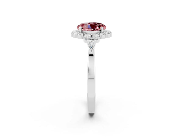 Platinum Round Cut Morganite Halo Ring with Pear Side Stones and Prong Setting