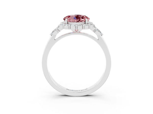 Silver Round Cut Morganite Halo Ring with Pear Side Stones and Prong Setting