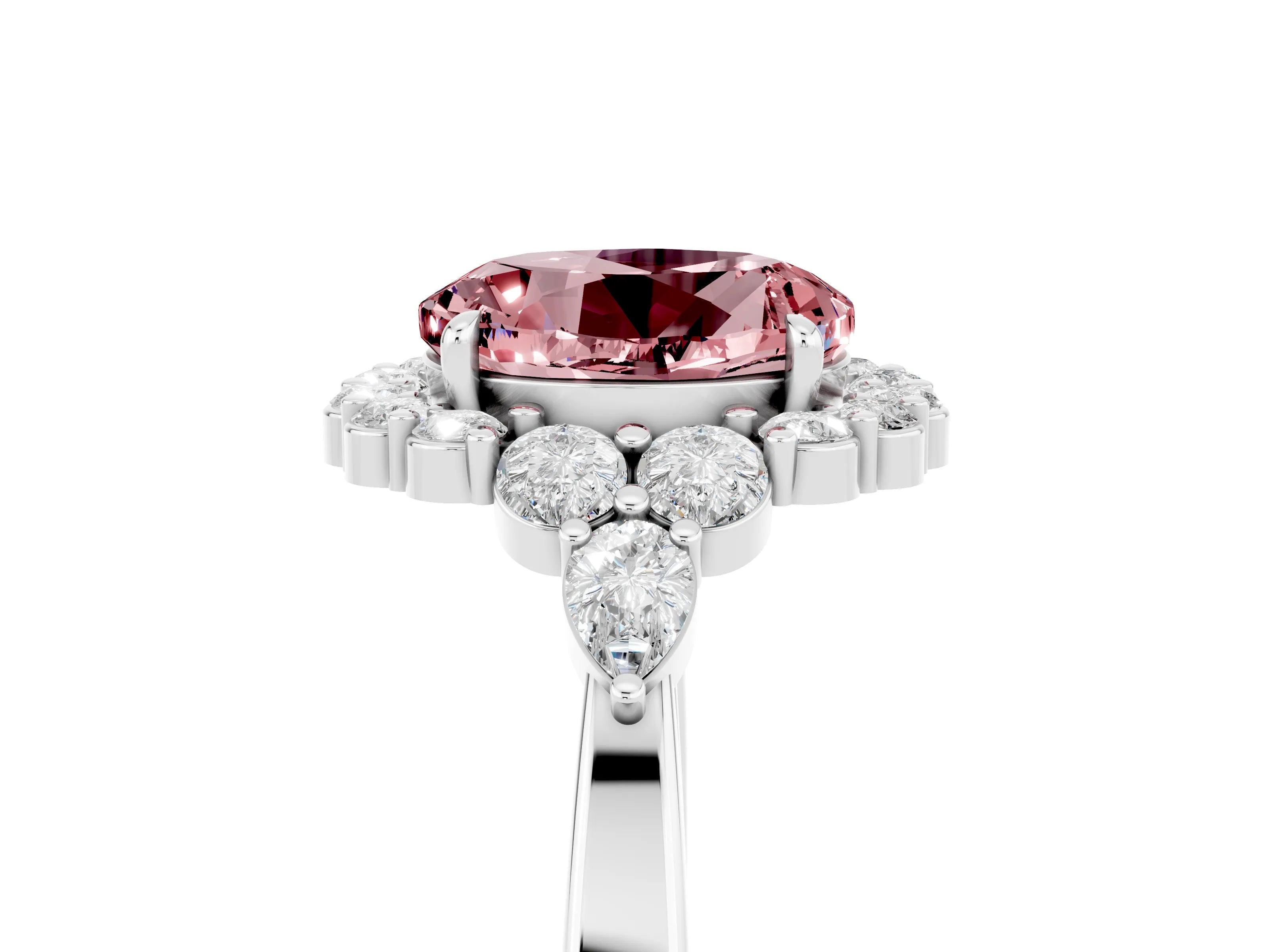 White gold Round Cut Morganite Halo Ring with Pear Side Stones and Prong Setting_29