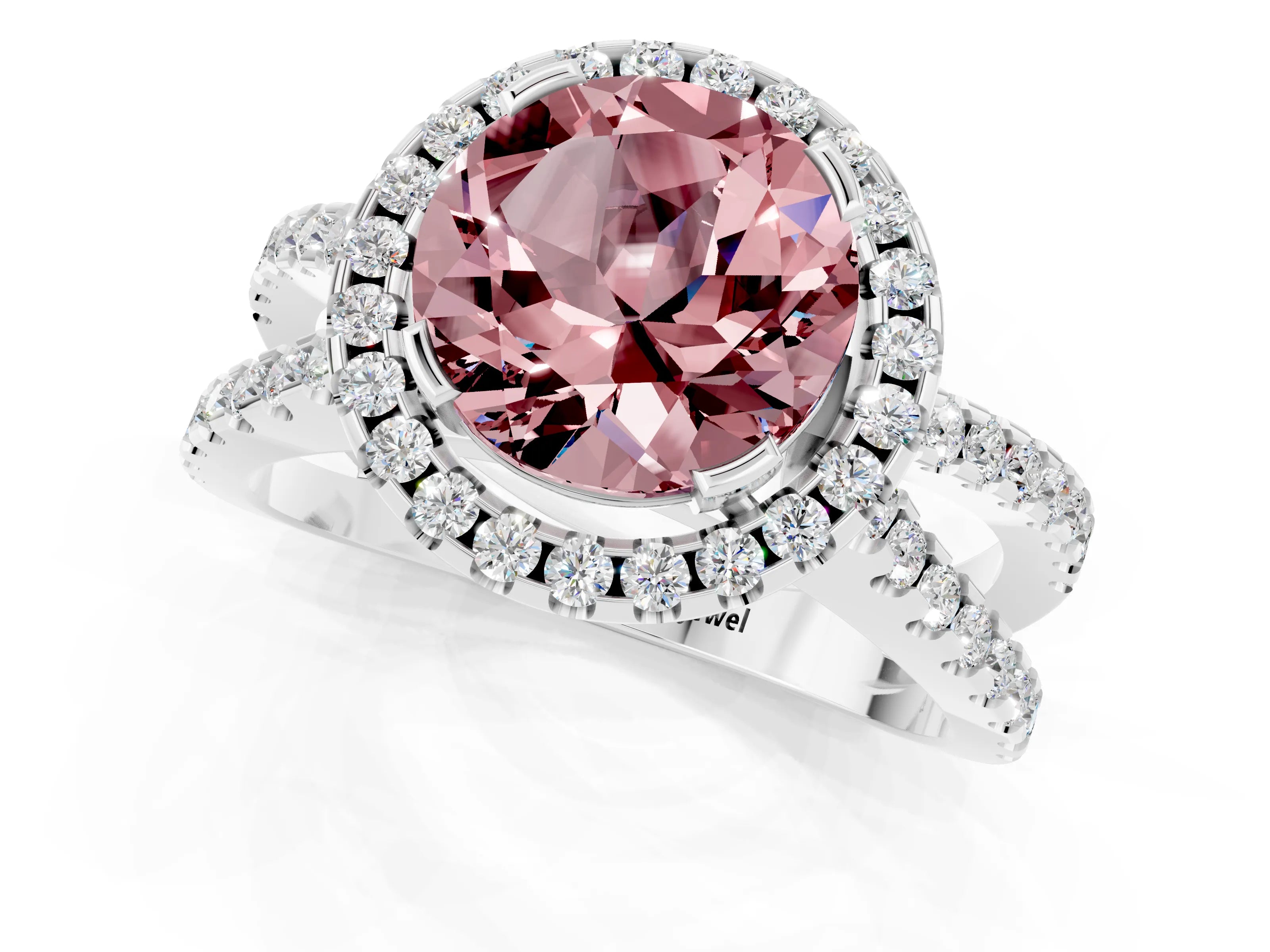 White gold Round Cut Morganite Halo Ring with Split Shank Pavé Band and Prong Setting_1