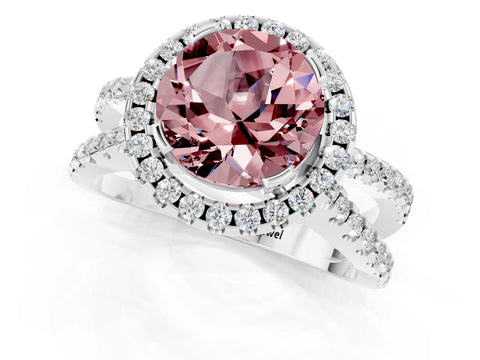White gold Round Cut Morganite Halo Ring with Split Shank Pavé Band and Prong Setting_1