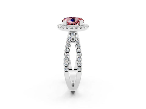 White gold Round Cut Morganite Halo Ring with Split Shank Pavé Band and Prong Setting_2