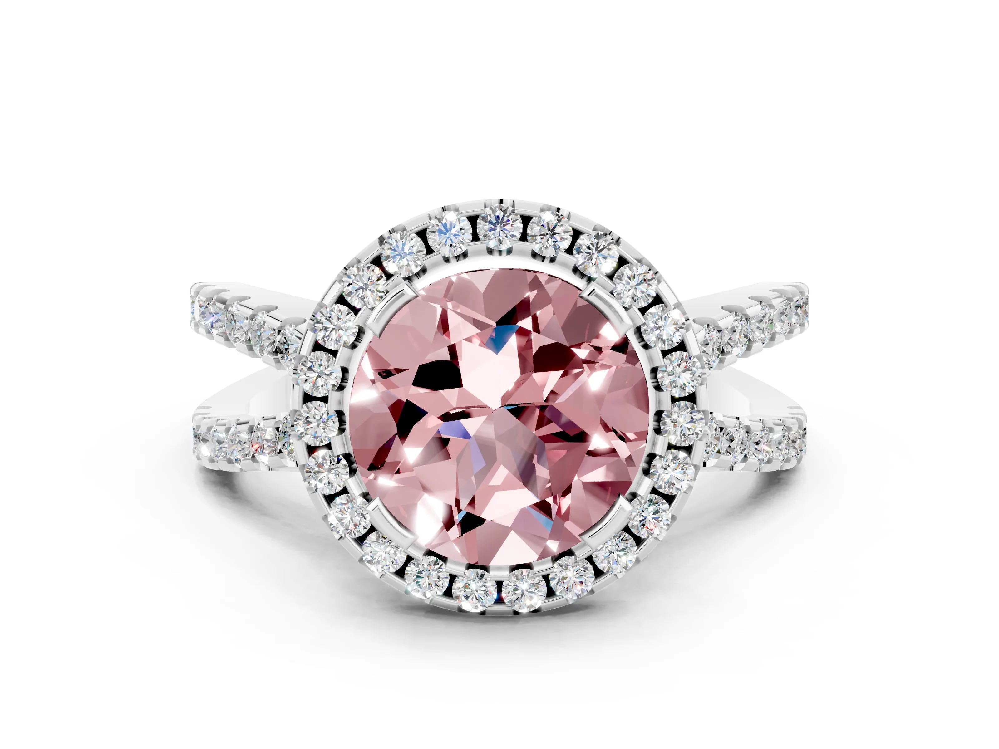 White gold Round Cut Morganite Halo Ring with Split Shank Pavé Band and Prong Setting