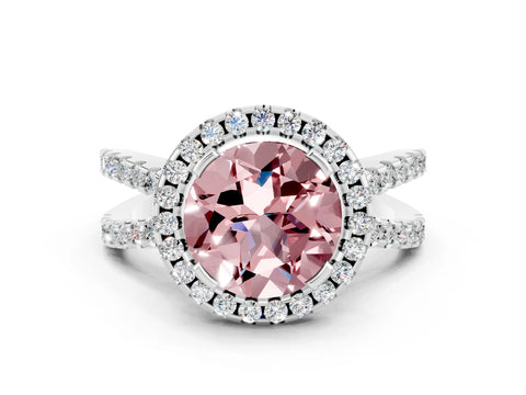 White gold Round Cut Morganite Halo Ring with Split Shank Pavé Band and Prong Setting
