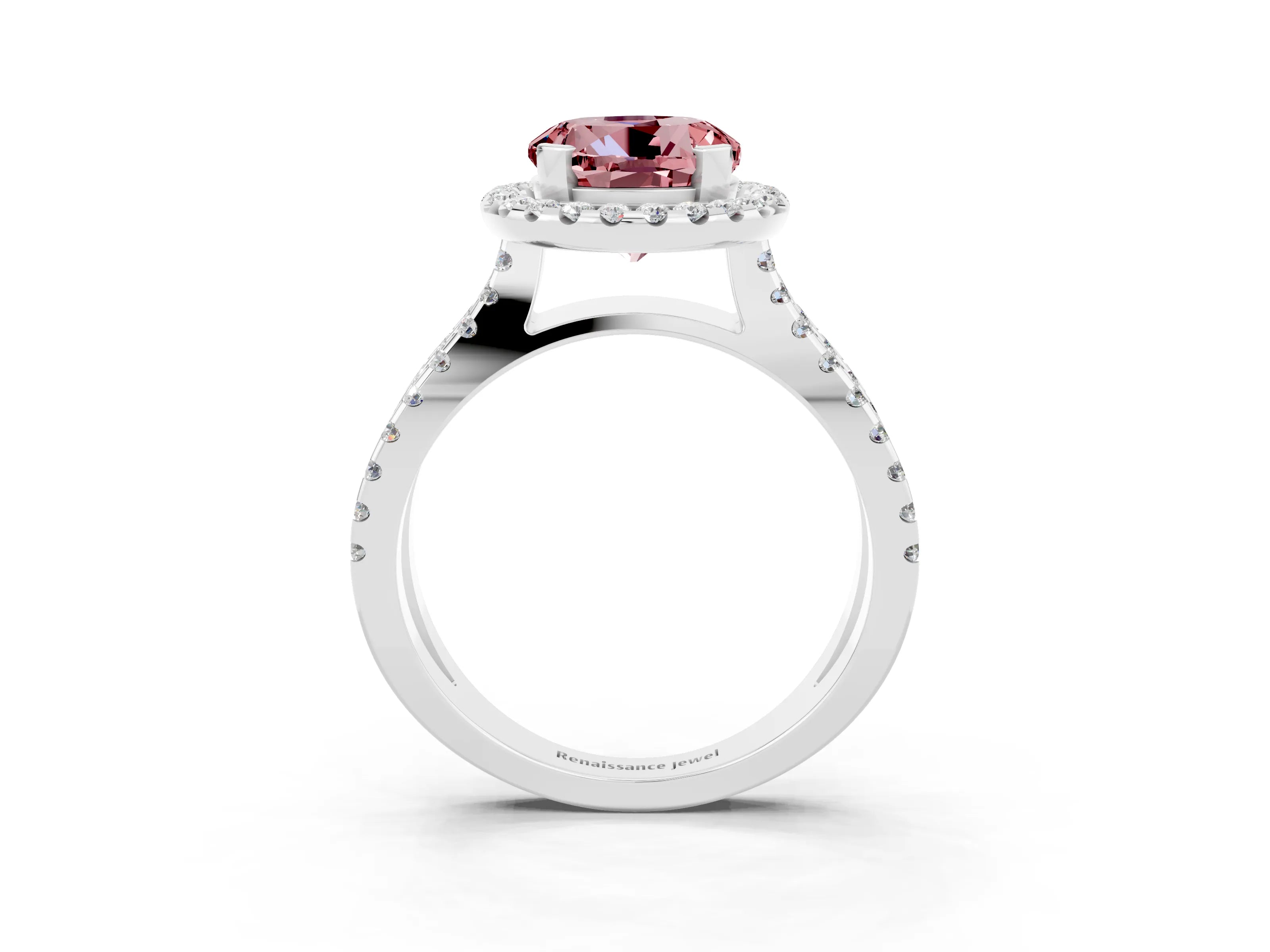 White gold Round Cut Morganite Halo Ring with Split Shank Pavé Band and Prong Setting_3