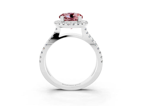 White gold Round Cut Morganite Halo Ring with Split Shank Pavé Band and Prong Setting_3