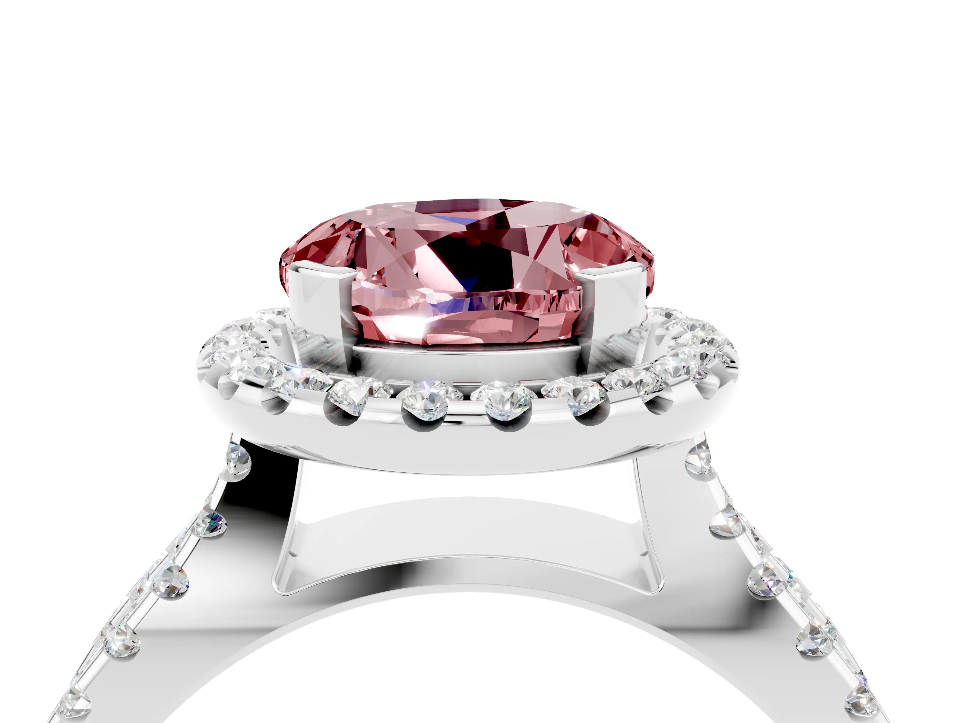 White gold Round Cut Morganite Halo Ring with Split Shank Pavé Band and Prong Setting_4