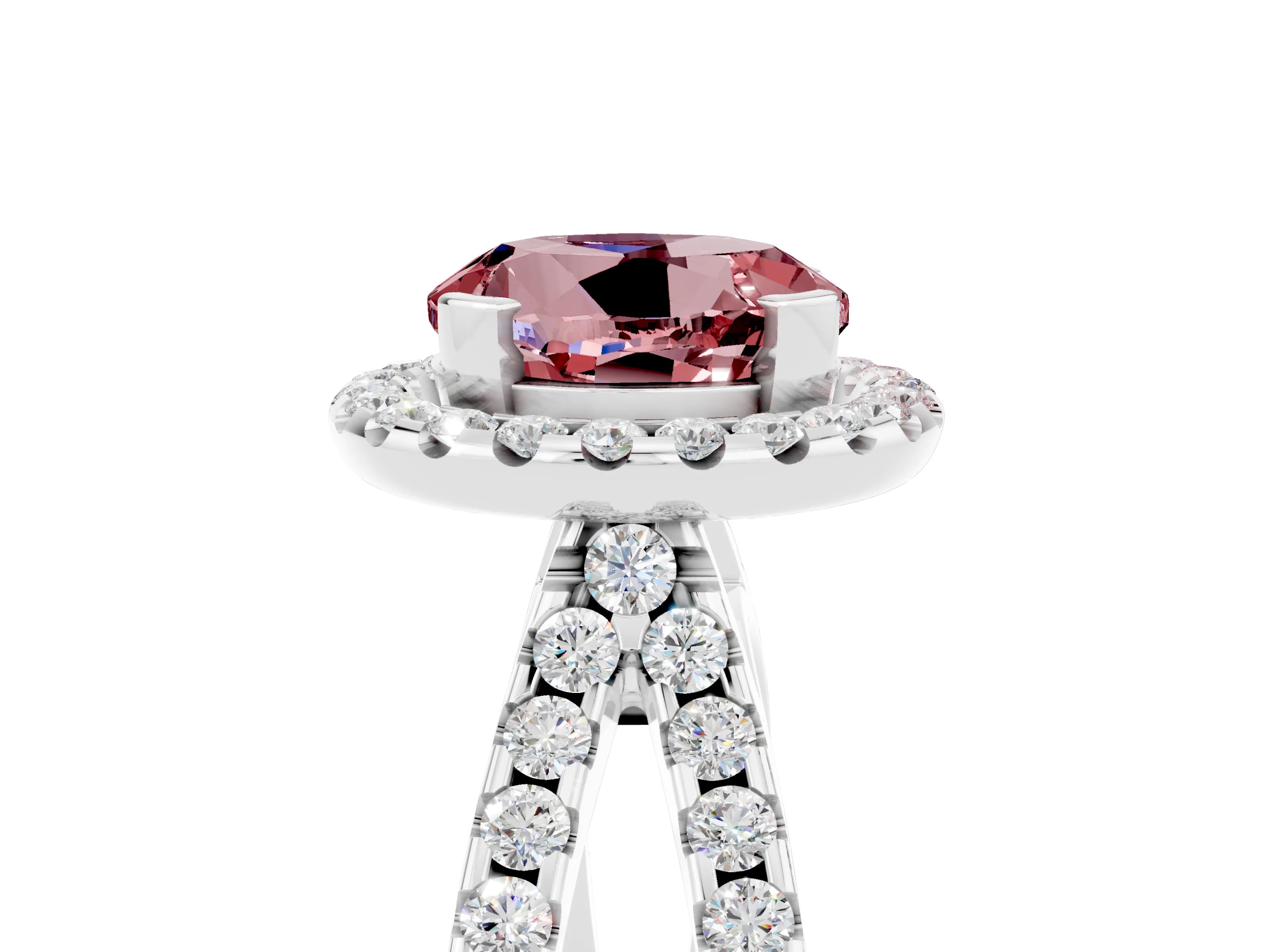 White gold Round Cut Morganite Halo Ring with Split Shank Pavé Band and Prong Setting_5
