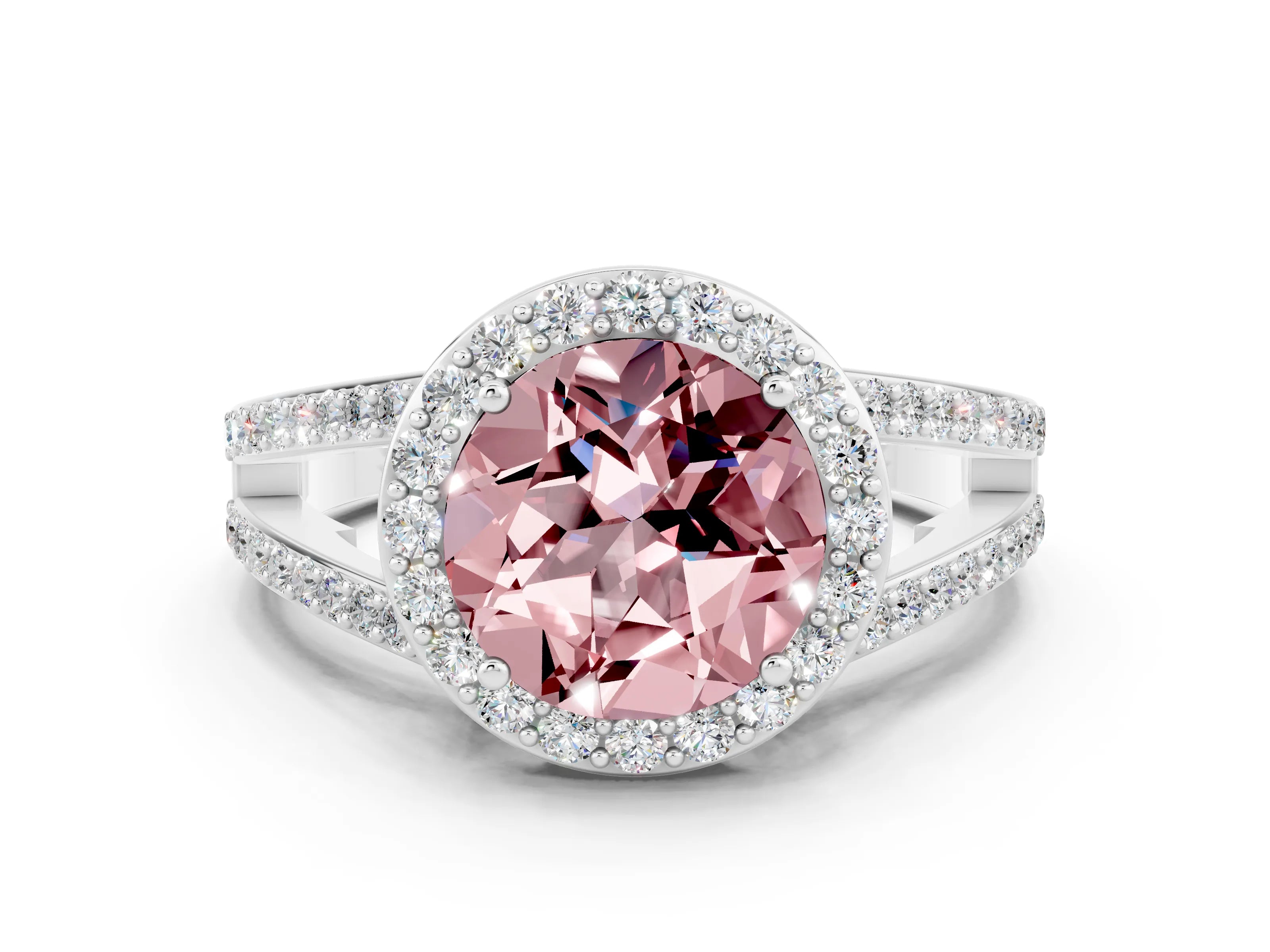 White gold Round Cut Morganite Halo Ring with Split Shank U-Prong Band and Four-Prong Setting