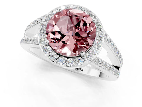 White gold Round Cut Morganite Halo Ring with Split Shank U-Prong Band and Four-Prong Setting_1