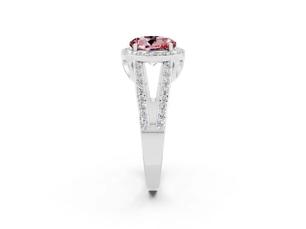 Platinum Round Cut Morganite Halo Ring with Split Shank U-Prong Band and Four-Prong Setting