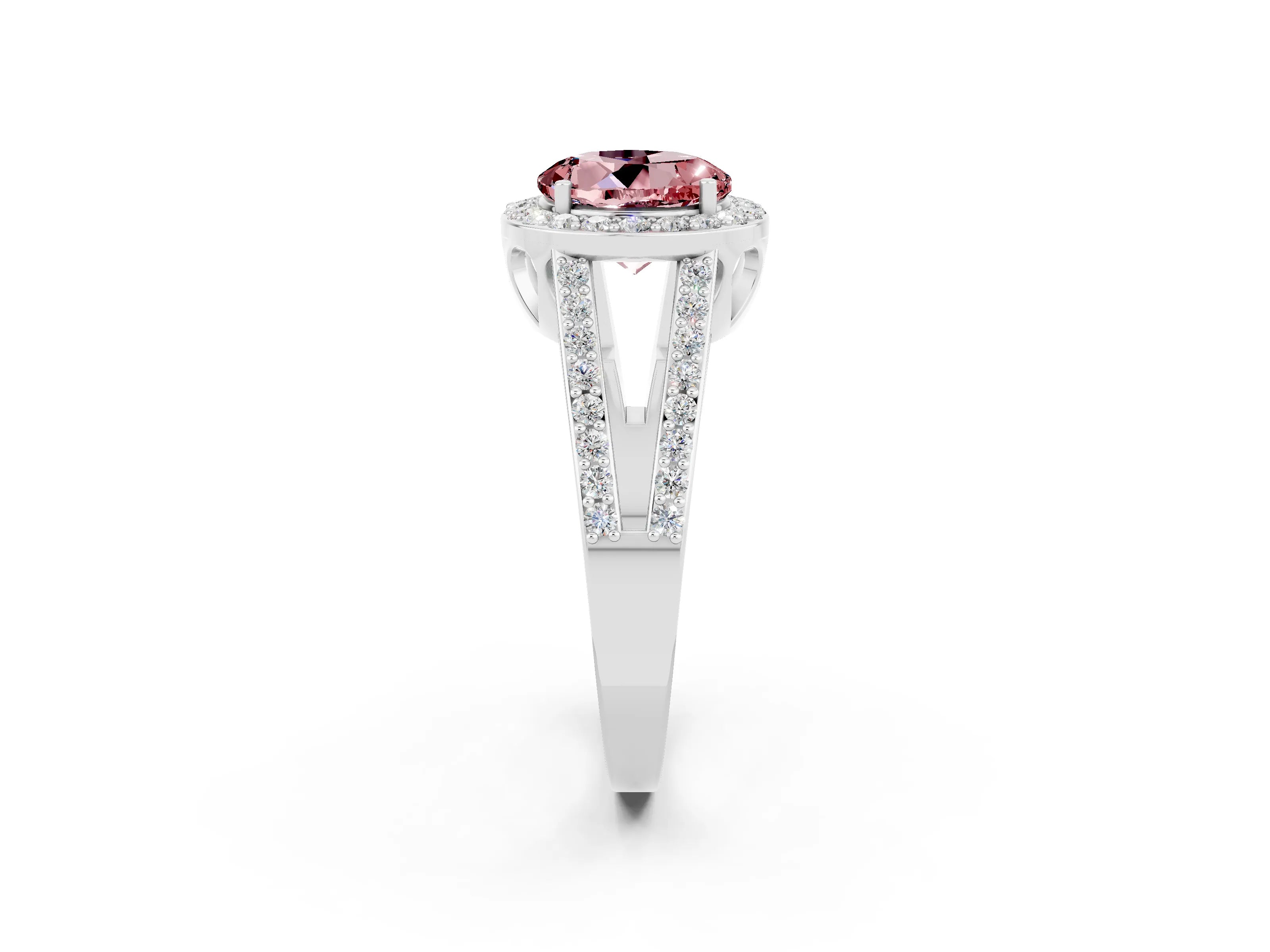White gold Round Cut Morganite Halo Ring with Split Shank U-Prong Band and Four-Prong Setting_2