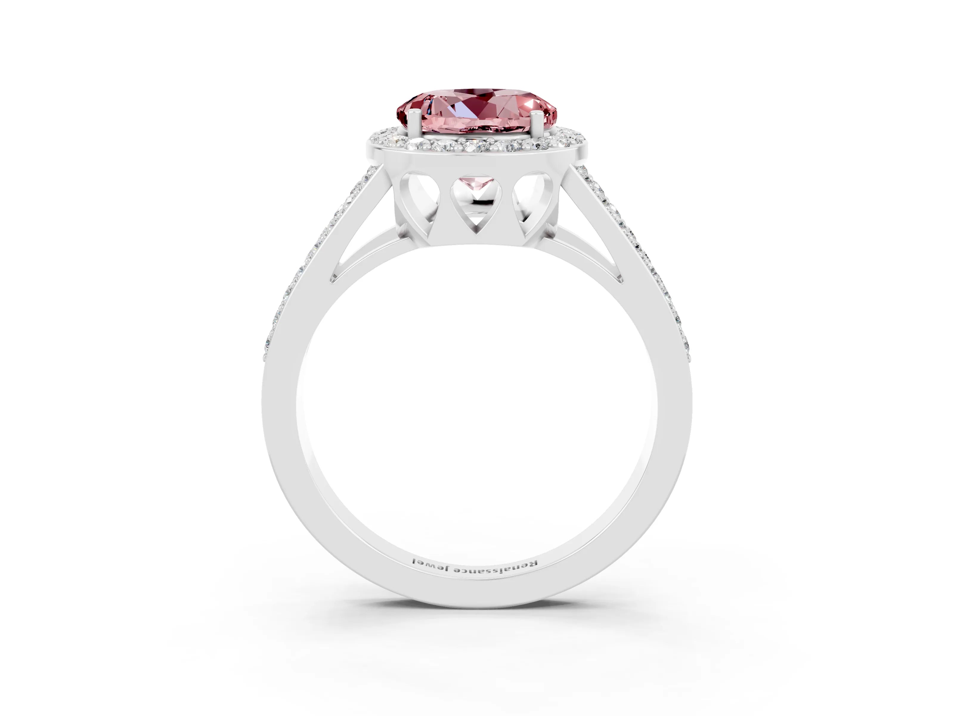 White gold Round Cut Morganite Halo Ring with Split Shank U-Prong Band and Four-Prong Setting_3