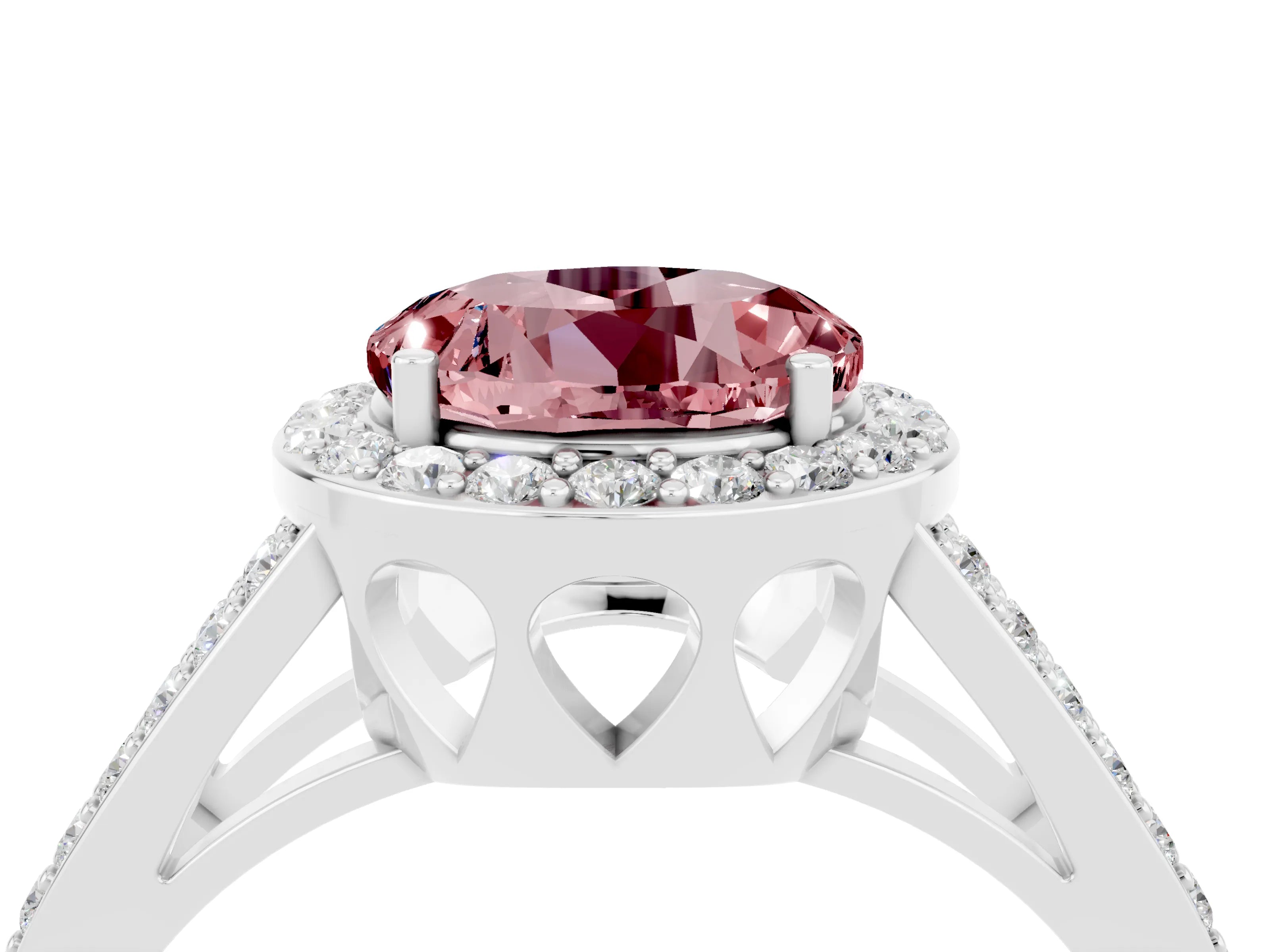 White gold Round Cut Morganite Halo Ring with Split Shank U-Prong Band and Four-Prong Setting_4