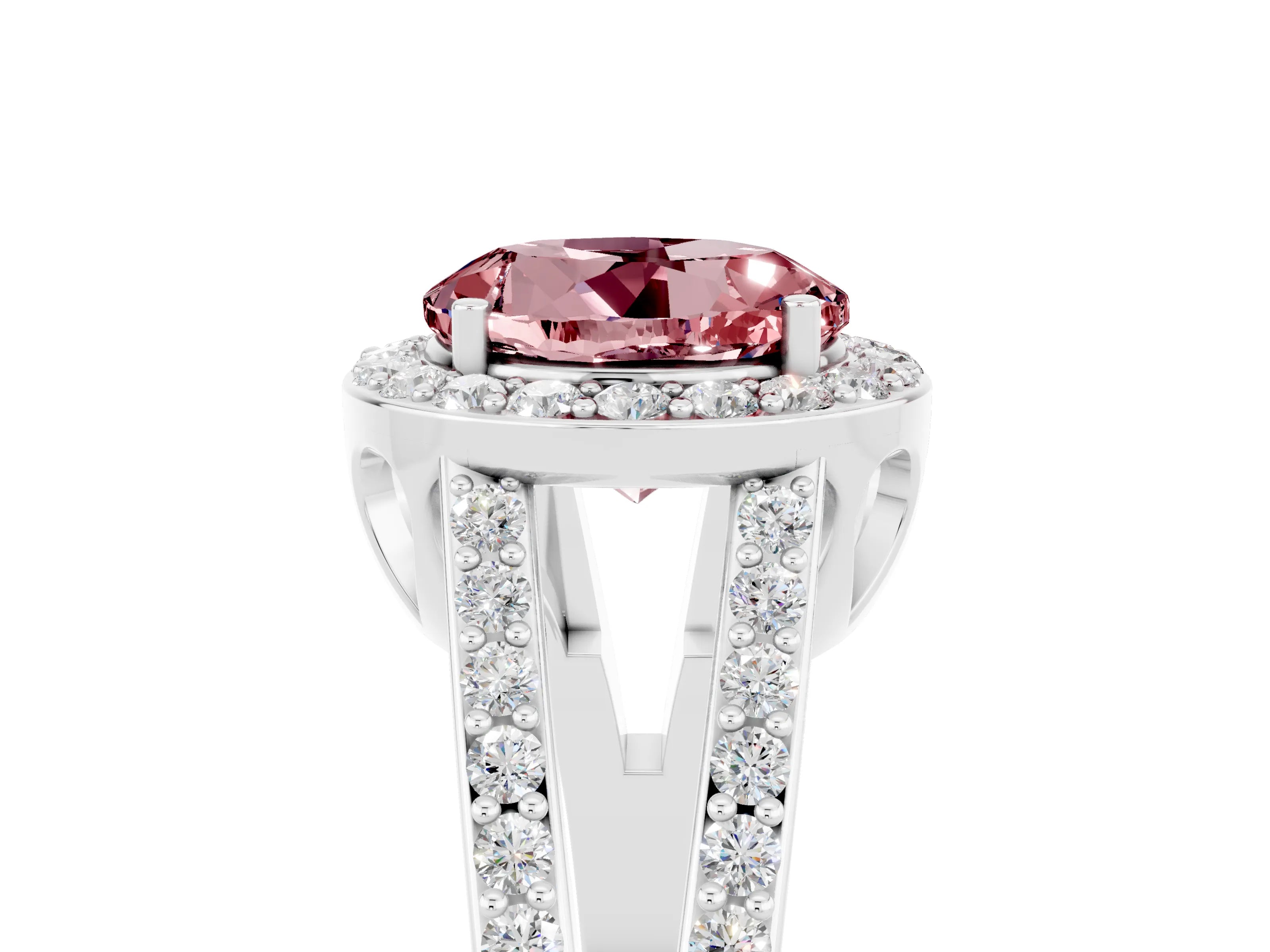 White gold Round Cut Morganite Halo Ring with Split Shank U-Prong Band and Four-Prong Setting_5