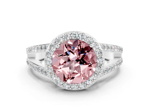 White gold Round Cut Morganite Halo Ring with Split Shank U-Prong Band and Four-Prong Setting