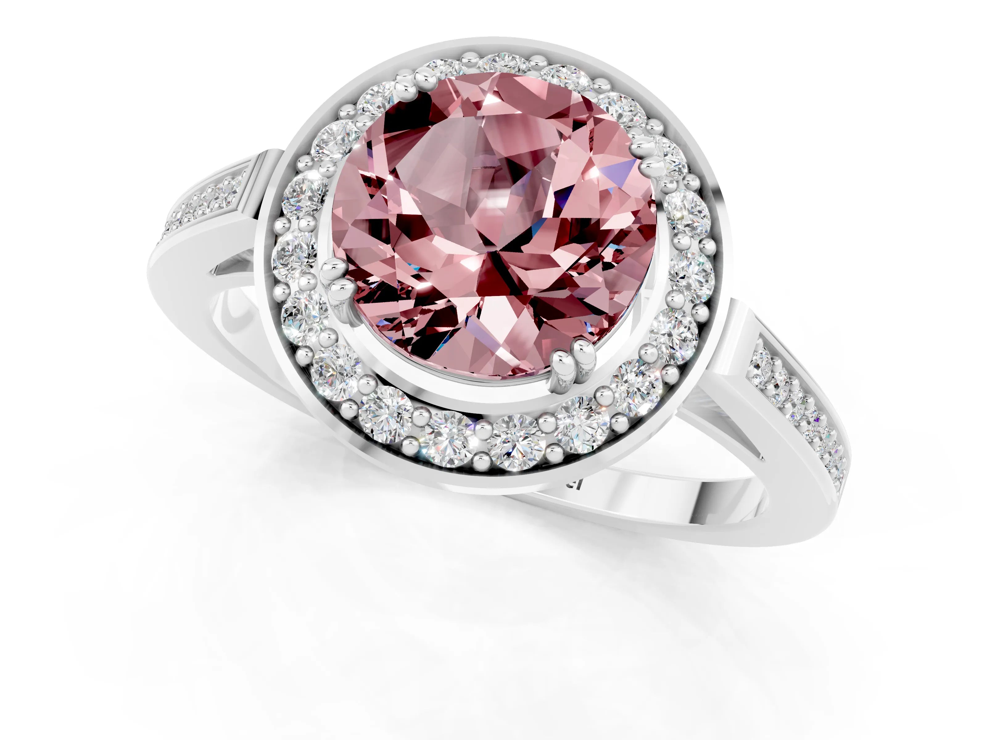 White gold Round Cut Morganite Halo Ring with Split Shank and Four-Prong Setting_1