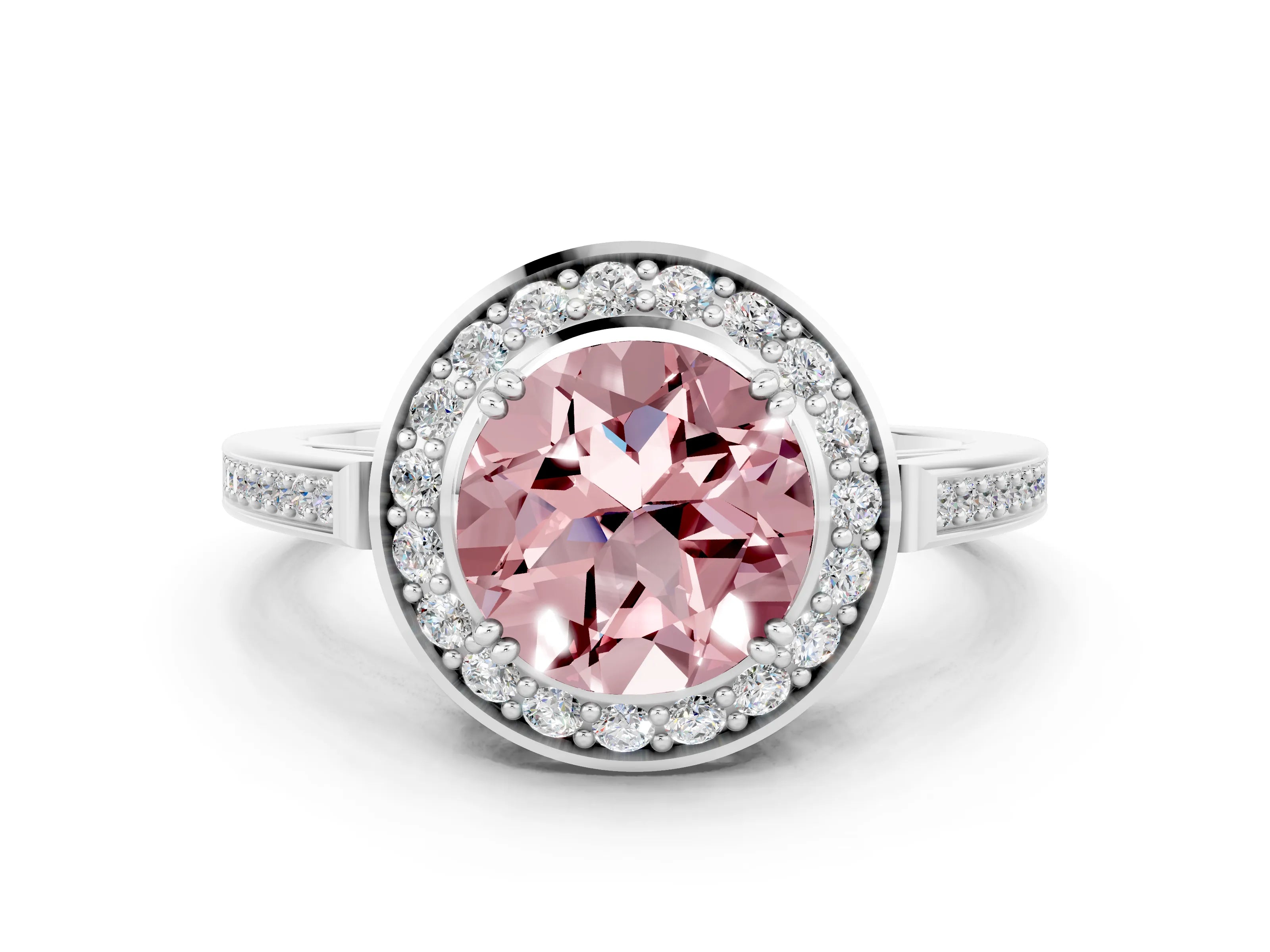 White gold Round Cut Morganite Halo Ring with Split Shank and Four-Prong Setting_12