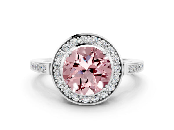 White gold Round Cut Morganite Halo Ring with Split Shank and Four-Prong Setting