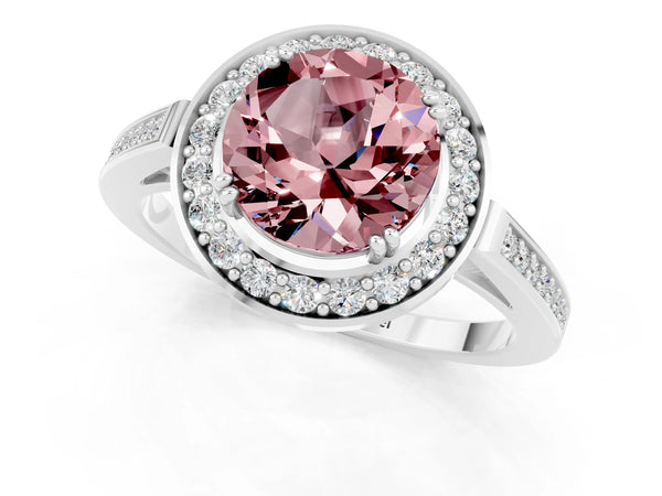 White gold Round Cut Morganite Halo Ring with Split Shank and Four-Prong Setting