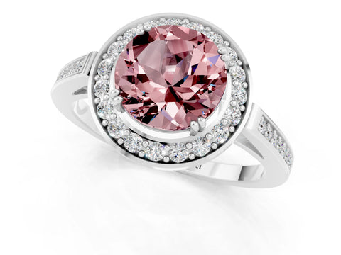 White gold Round Cut Morganite Halo Ring with Split Shank and Four-Prong Setting_1