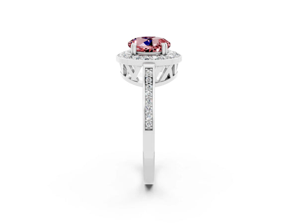 Silver Round Cut Morganite Halo Ring with Split Shank and Four-Prong Setting
