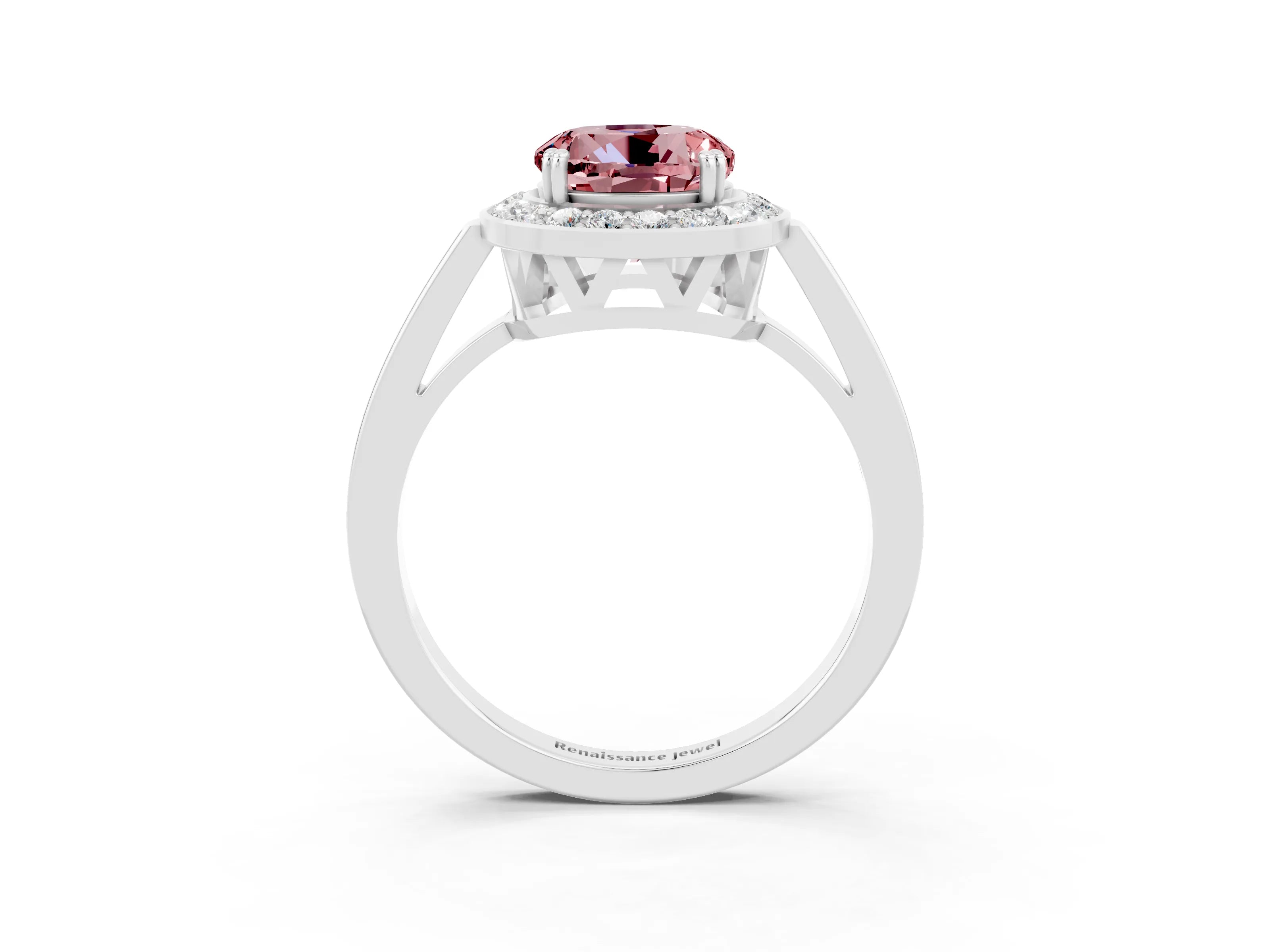 White gold Round Cut Morganite Halo Ring with Split Shank and Four-Prong Setting_3
