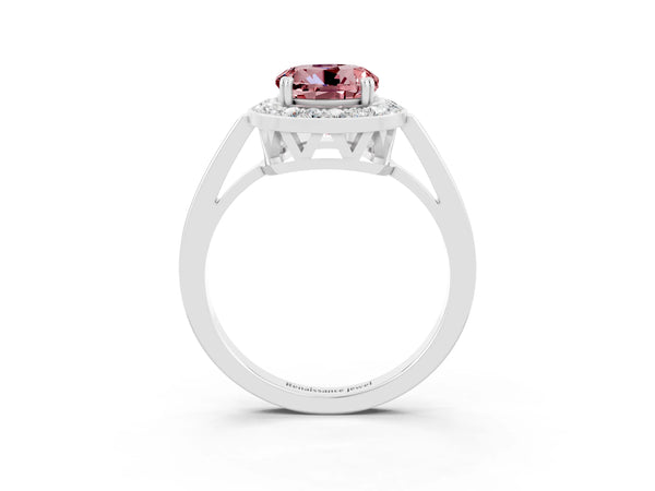 Silver Round Cut Morganite Halo Ring with Split Shank and Four-Prong Setting