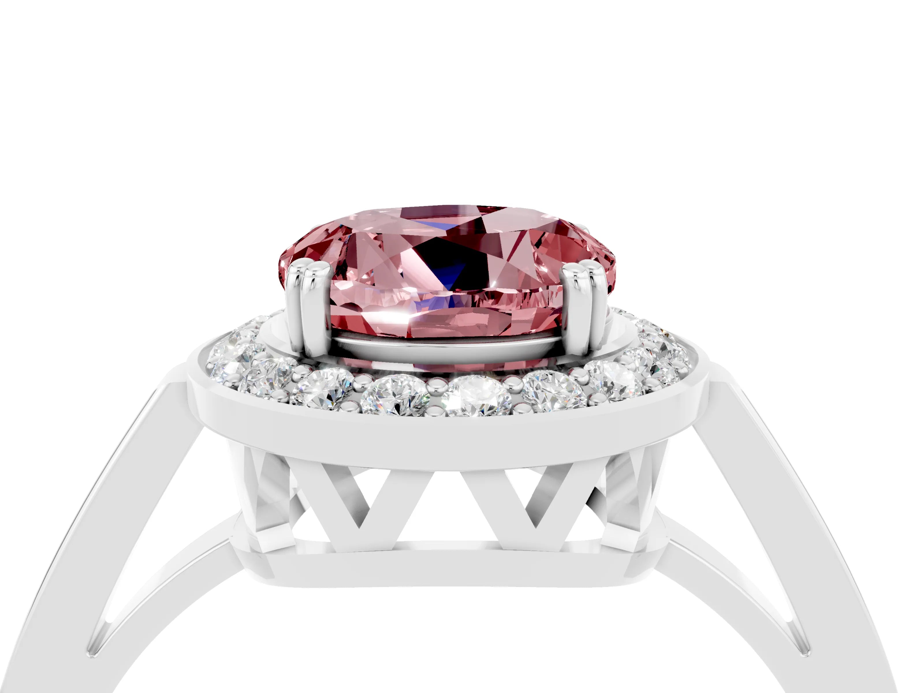 White gold Round Cut Morganite Halo Ring with Split Shank and Four-Prong Setting_4