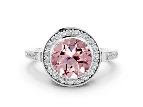 White gold Round Cut Morganite Halo Ring with Split Shank and Four-Prong Setting