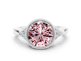 White gold Round Cut Morganite Halo Ring with Tapered Band and Four-Prong Setting