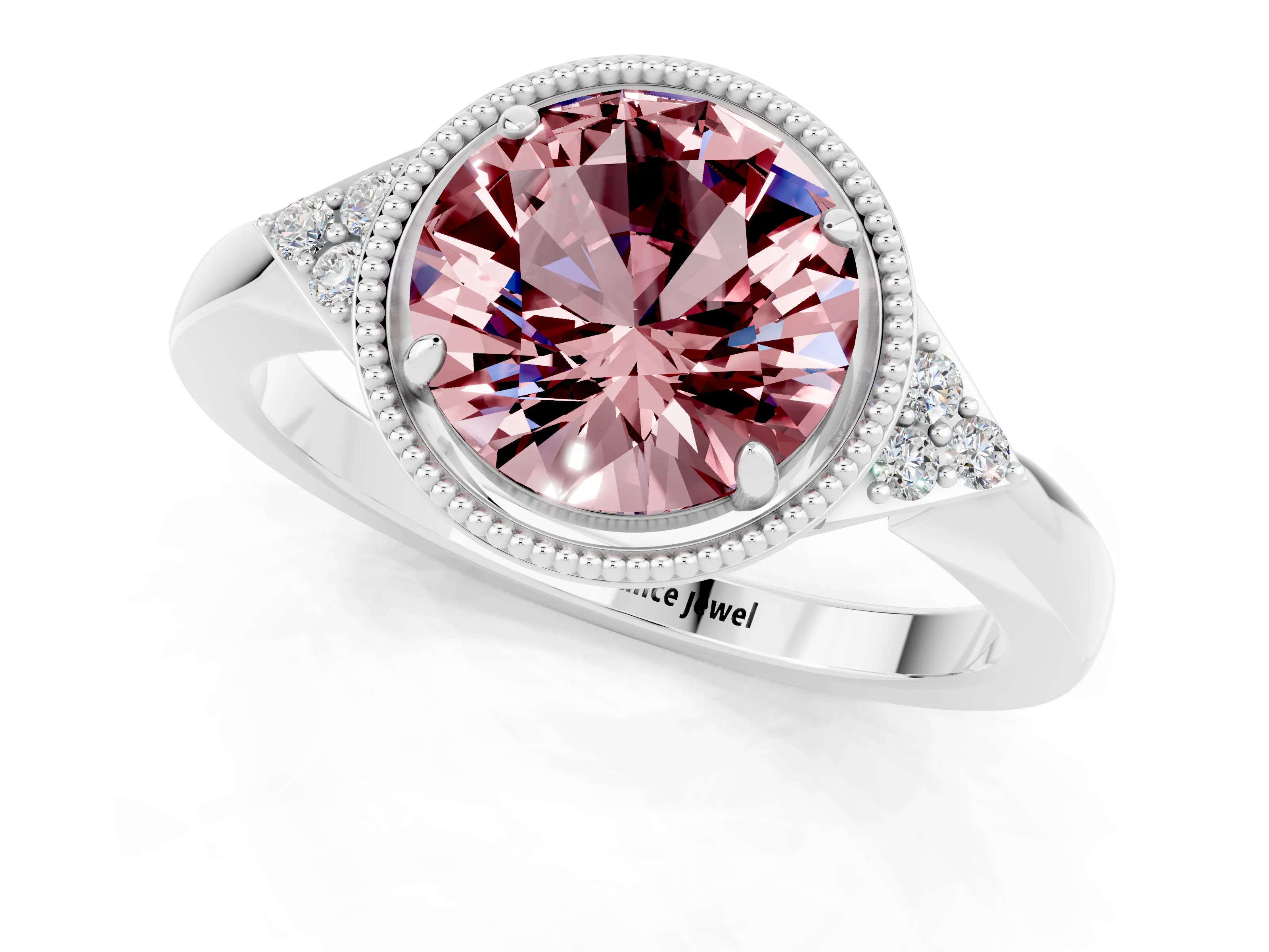 White gold Round Cut Morganite Halo Ring with Tapered Band and Four-Prong Setting_1