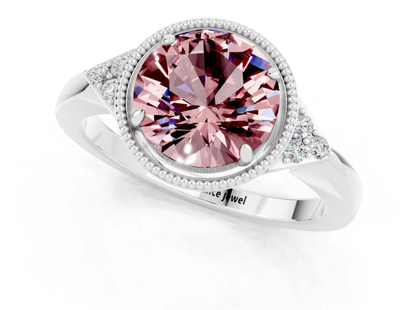 Silver Round Cut Morganite Halo Ring with Tapered Band and Four-Prong Setting