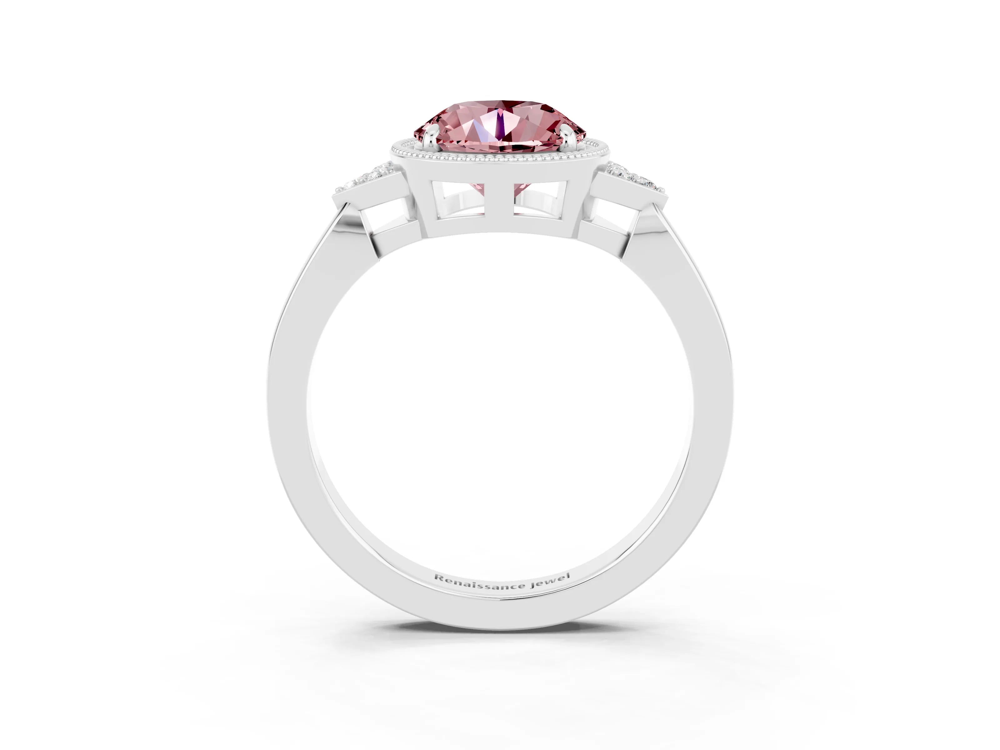 White gold Round Cut Morganite Halo Ring with Tapered Band and Four-Prong Setting_3