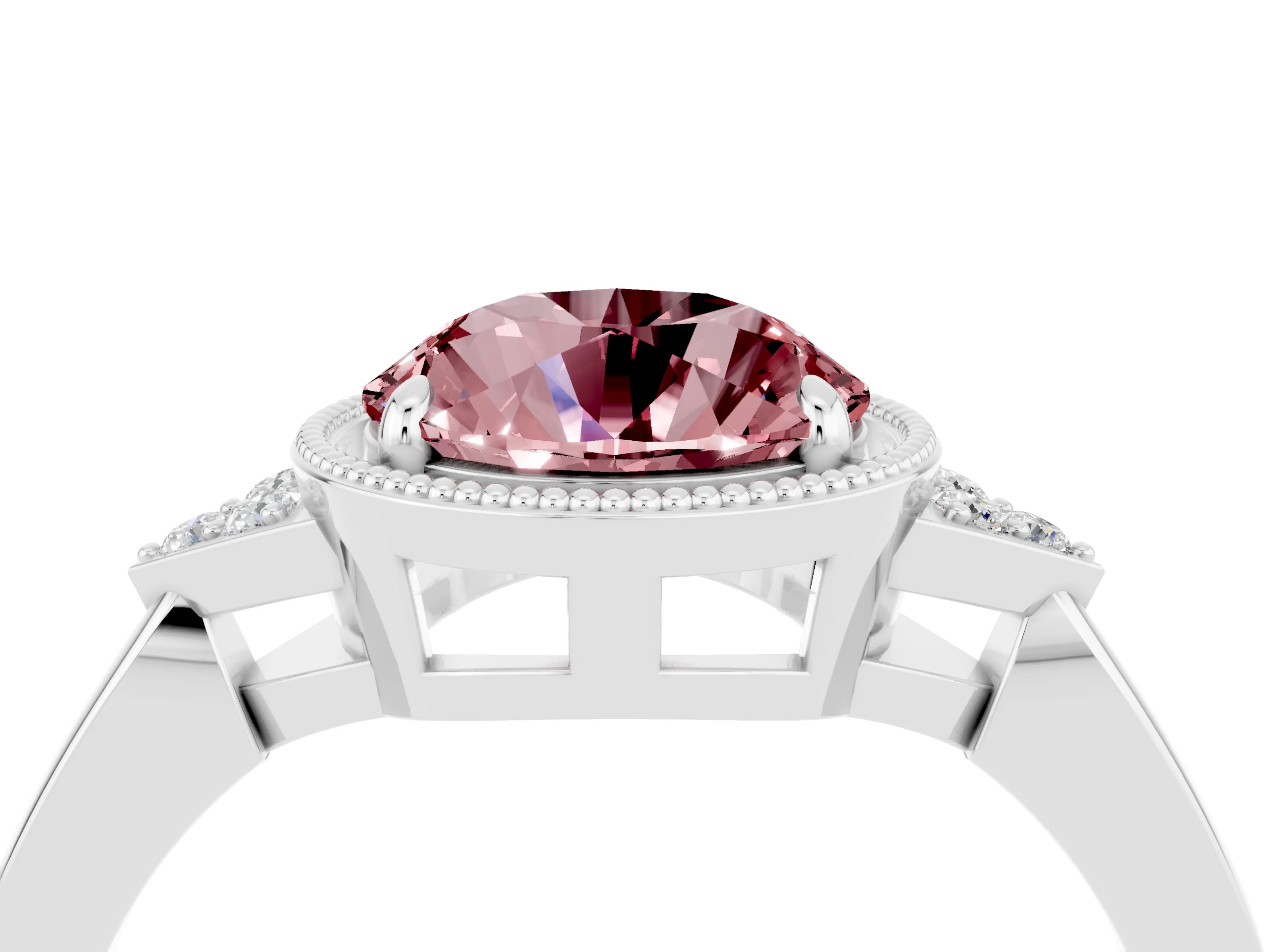 White gold Round Cut Morganite Halo Ring with Tapered Band and Four-Prong Setting_4