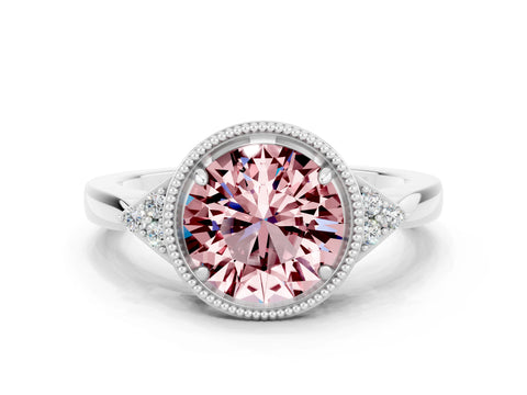 White gold Round Cut Morganite Halo Ring with Tapered Band and Four-Prong Setting