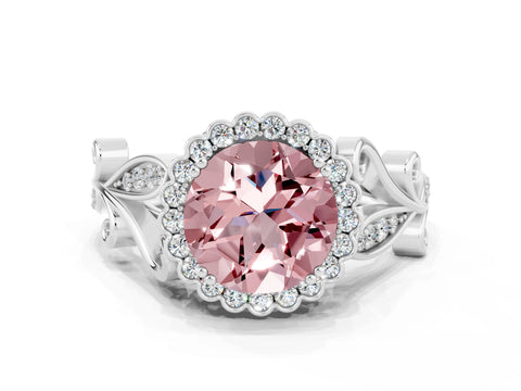 White gold Round Cut Morganite Halo Ring with Vintage Split Shank and Four-Prong Setting_18