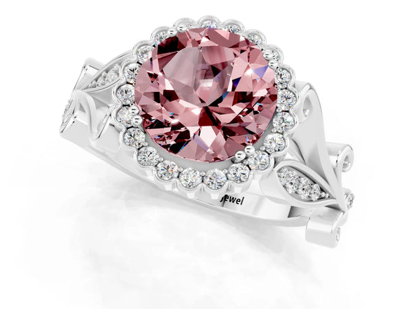 Silver Round Cut Morganite Halo Ring with Vintage Split Shank and Four-Prong Setting