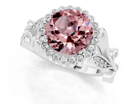 White gold Round Cut Morganite Halo Ring with Vintage Split Shank and Four-Prong Setting_19