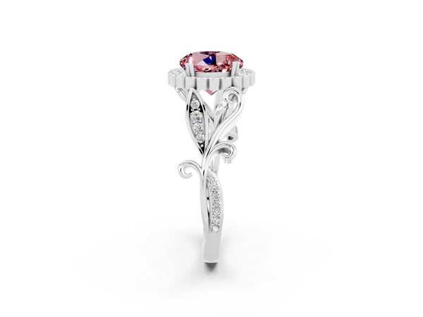 Silver Round Cut Morganite Halo Ring with Vintage Split Shank and Four-Prong Setting
