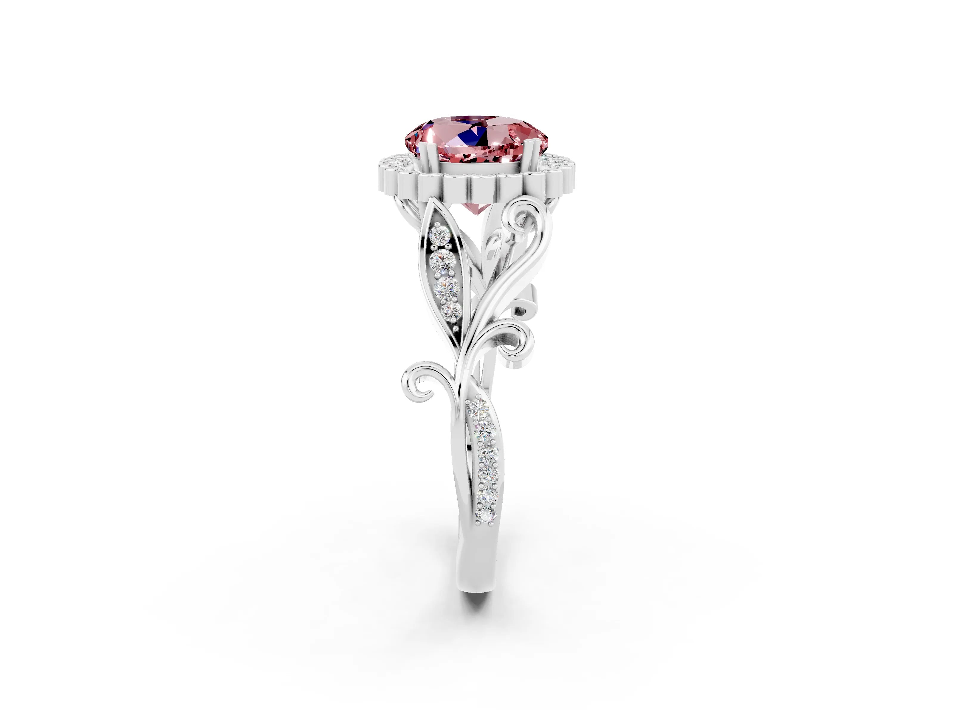 White gold Round Cut Morganite Halo Ring with Vintage Split Shank and Four-Prong Setting_20